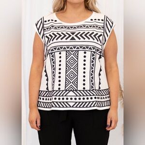 Savanna Jane Cotton White Aztec Black Embroidered Top Sleeveless Size 2X
